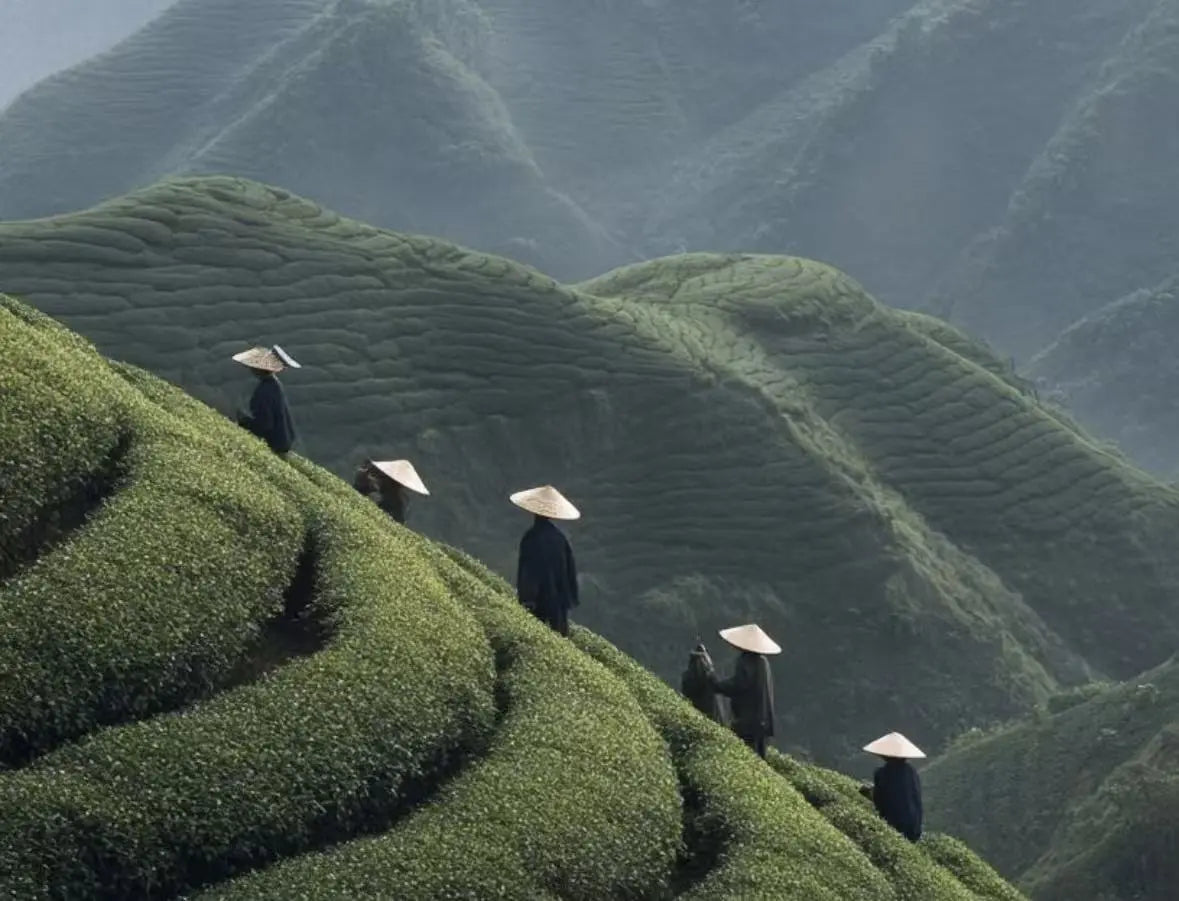 A scenic view of terraced green hills with several people wearing traditional conical hats and dark clothing walking along the slopes.