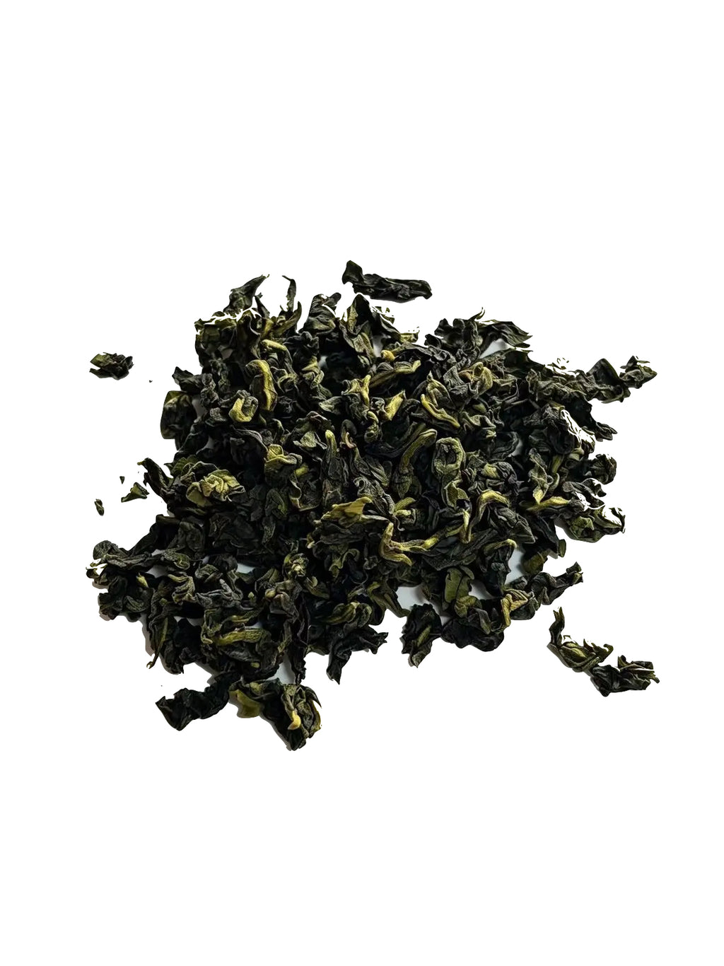 A small pile of Iron Goddess of mercy Oolong tea leaves with lighter yellow-green tips, photographed on a plain white background.