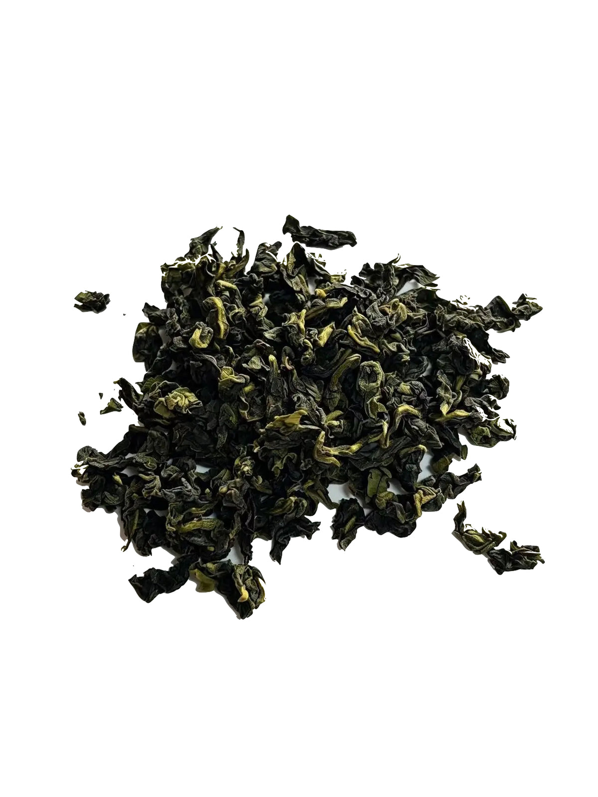 A small pile of Iron Goddess of mercy Oolong tea leaves with lighter yellow-green tips, photographed on a plain white background.