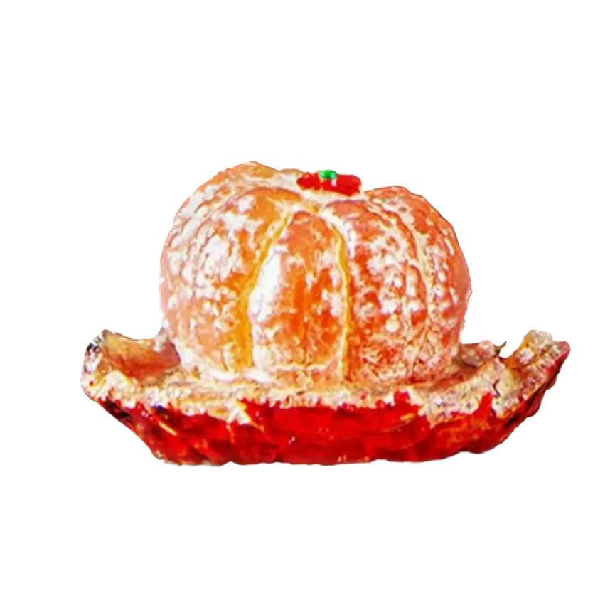 A decorative figurine(tea pet) shaped like a peeled orange or tangerine resting on a red saucer or base, isolated on a plain white background.