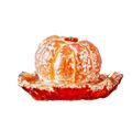 A decorative figurine(tea pet) shaped like a peeled orange or tangerine resting on a red saucer or base, isolated on a plain white background.