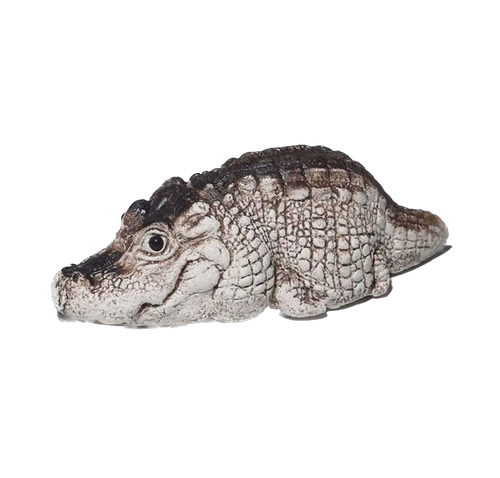 A realistic crocodile tea pet named 'Crodie' with textured scales, shown in profile against a plain white background.
