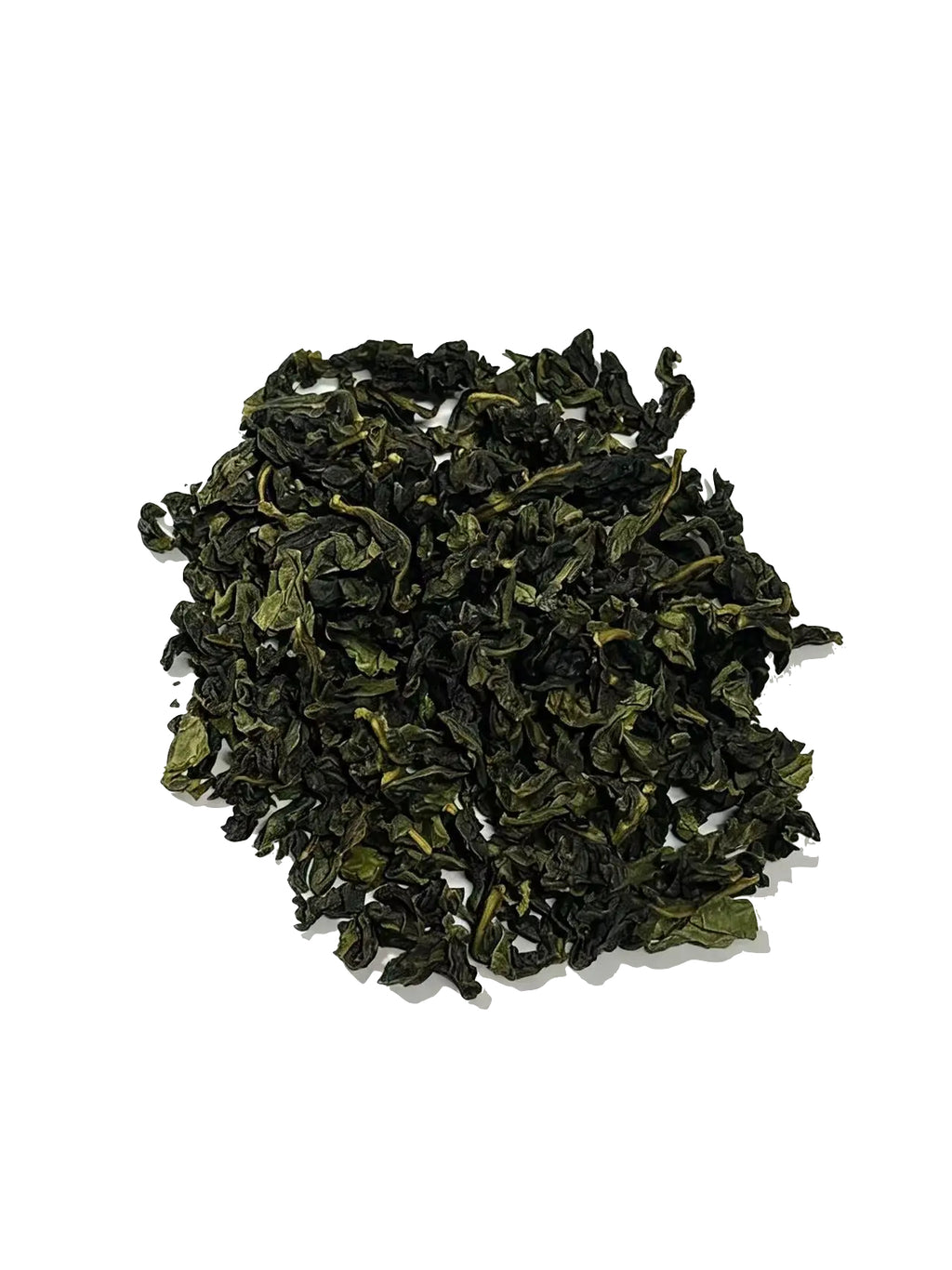A small pile of dark green loose-leaf tea on a plain white background.