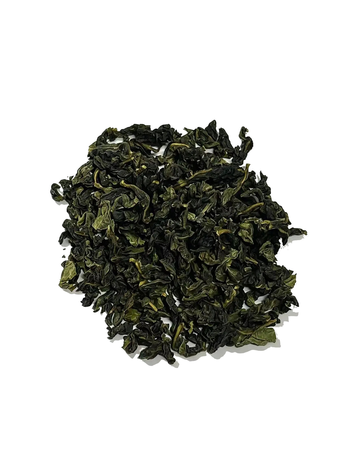 A small pile of dark green loose-leaf tea on a plain white background.